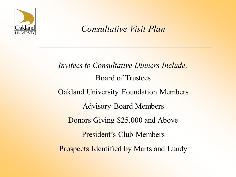 Consultative Visit Plan Invitees to Consultative Dinners Include: Board of Trustees Oakland University Foundation Members Advisory Board Members Donors Giving $25,000 and Above President’s Club Members Prospects Identified by Marts and Lundy