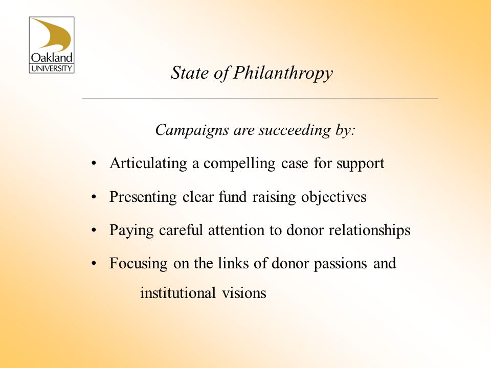 State of Philanthropy Campaigns are succeeding by: Articulating a compelling case for support Presenting clear fund raising objectives Paying careful attention to donor relationships Focusing on the links of donor passions and institutional visions