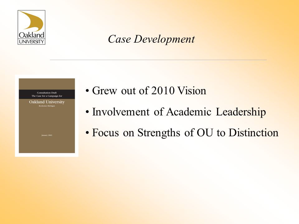 Case Development Grew out of 2010 Vision Involvement of Academic Leadership Focus on Strengths of OU to Distinction