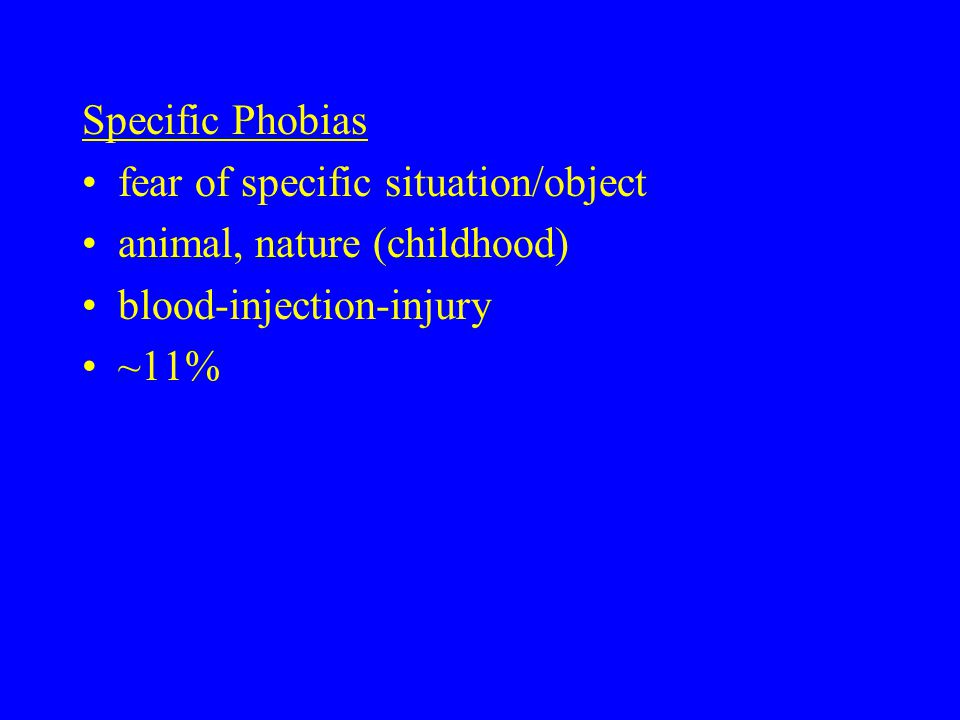 Specific Phobias fear of specific situation/object animal, nature (childhood) blood-injection-injury ~11%