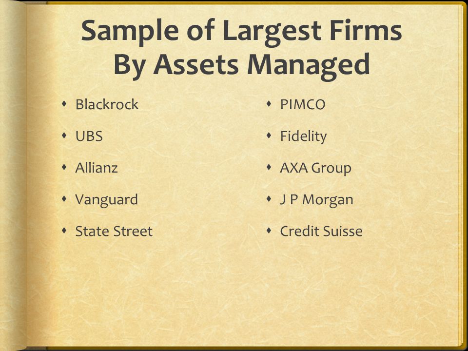 Sample of Largest Firms By Assets Managed  Blackrock  UBS  Allianz  Vanguard  State Street  PIMCO  Fidelity  AXA Group  J P Morgan  Credit Suisse