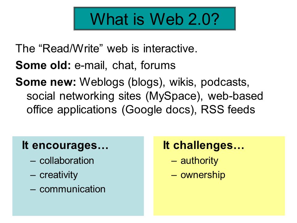 It encourages… –collaboration –creativity –communication It challenges… –authority –ownership The Read/Write web is interactive.