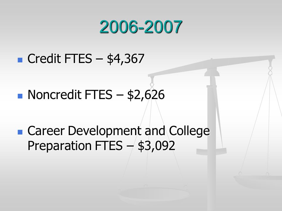 Credit FTES – $4,367 Credit FTES – $4,367 Noncredit FTES – $2,626 Noncredit FTES – $2,626 Career Development and College Preparation FTES – $3,092 Career Development and College Preparation FTES – $3,092