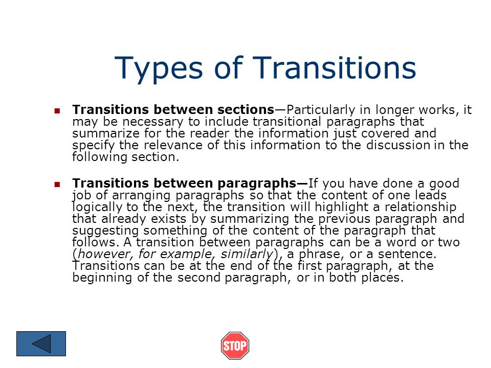 Example- Longer Piece of Writing Essay Introduction Body Paragraph 1 Body Paragraph 2: In addition, Body Paragraph 3: Furthermore, Conclusion: Transition connects ideas in paragraph 3 to ideas in paragraph 2.
