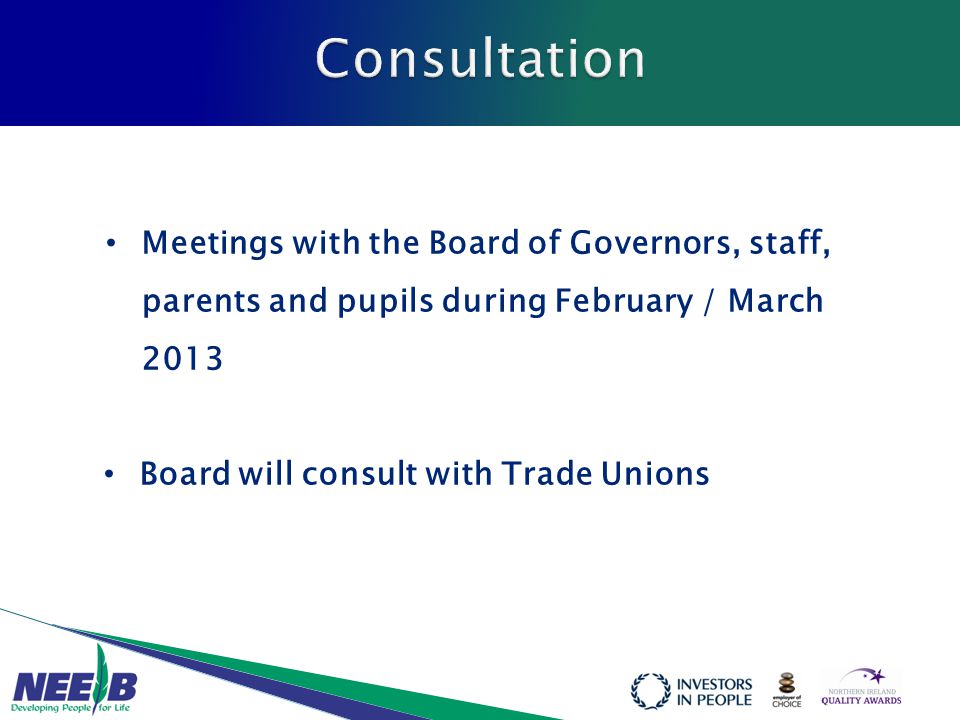 Meetings with the Board of Governors, staff, parents and pupils during February / March 2013 Board will consult with Trade Unions