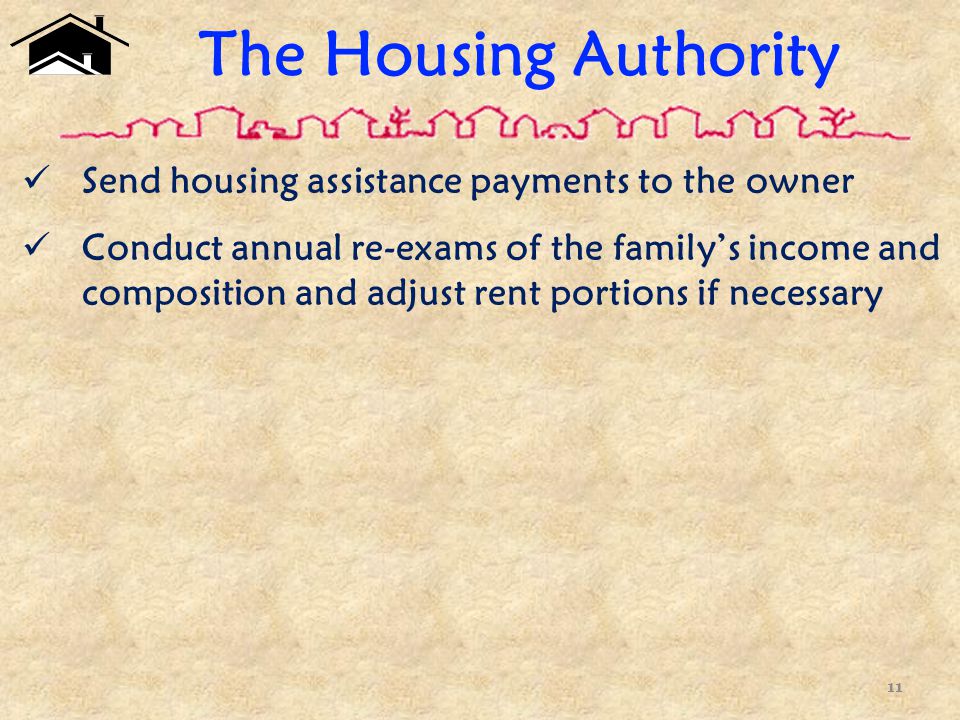 Send housing assistance payments to the owner Conduct annual re-exams of the family’s income and composition and adjust rent portions if necessary 11 The Housing Authority