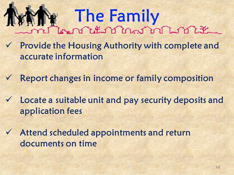 The Family Provide the Housing Authority with complete and accurate information Report changes in income or family composition Locate a suitable unit and pay security deposits and application fees Attend scheduled appointments and return documents on time 12