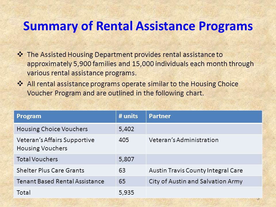 Summary of Rental Assistance Programs  The Assisted Housing Department provides rental assistance to approximately 5,900 families and 15,000 individuals each month through various rental assistance programs.