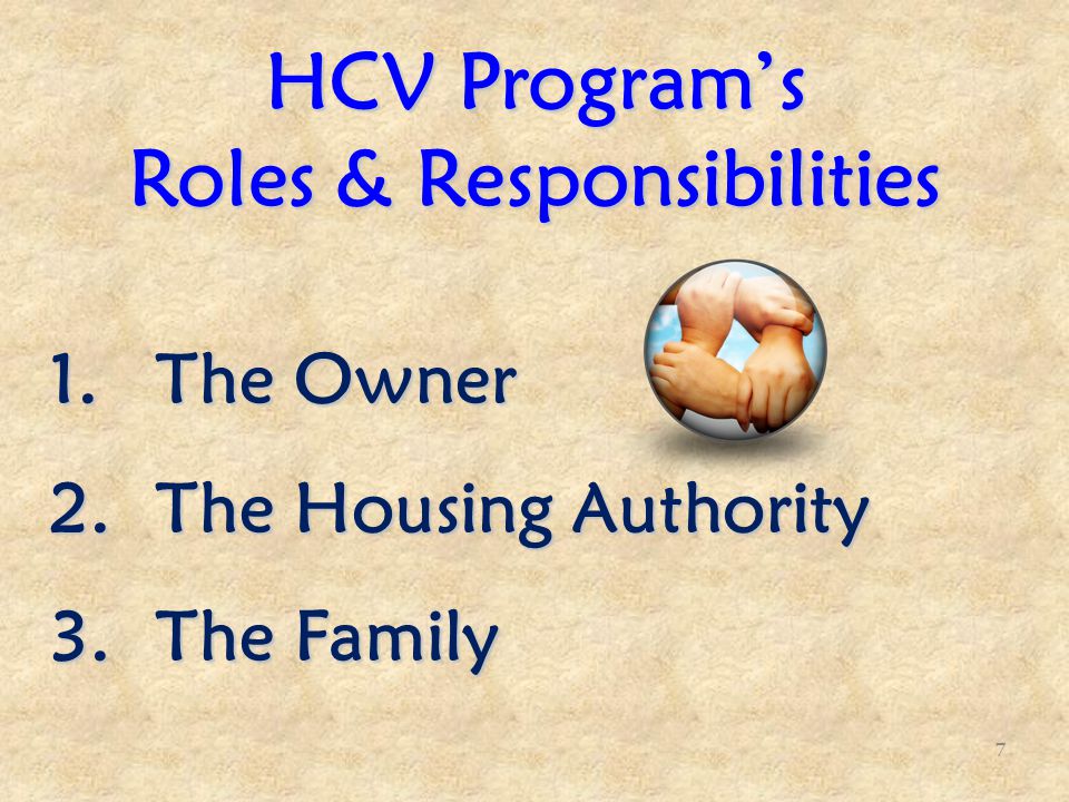 HCV Program’s Roles & Responsibilities 1.The Owner 2.The Housing Authority 3.The Family 7