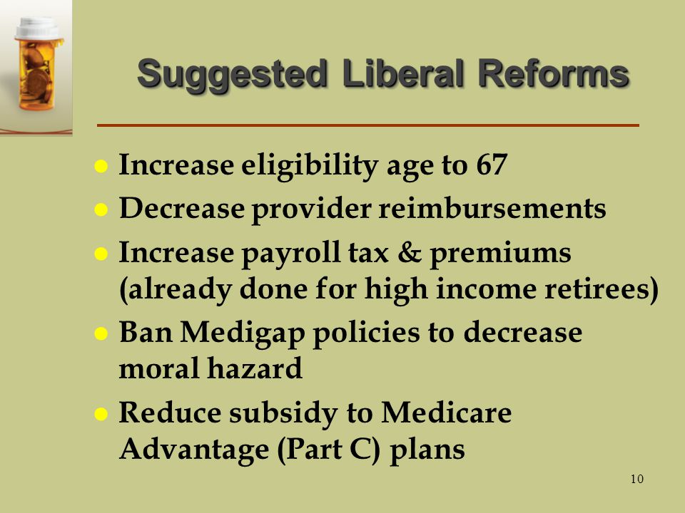 Suggested Liberal Reforms l Increase eligibility age to 67 l Decrease provider reimbursements l Increase payroll tax & premiums (already done for high income retirees) l Ban Medigap policies to decrease moral hazard l Reduce subsidy to Medicare Advantage (Part C) plans 10