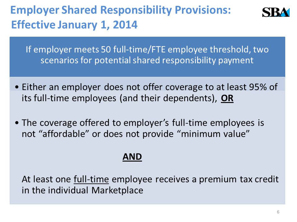 Employer Shared Responsibility Provisions: Effective January 1, If employer meets 50 full-time/FTE employee threshold, two scenarios for potential shared responsibility payment Either an employer does not offer coverage to at least 95% of its full-time employees (and their dependents), OR The coverage offered to employer’s full-time employees is not affordable or does not provide minimum value AND At least one full-time employee receives a premium tax credit in the individual Marketplace