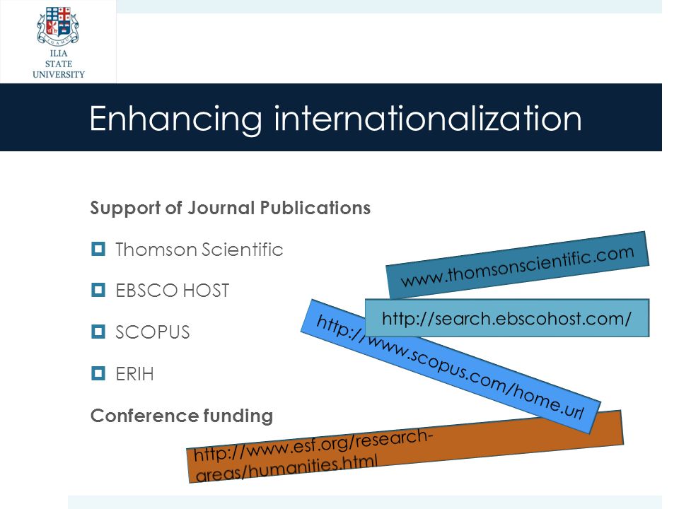 Enhancing internationalization Support of Journal Publications  Thomson Scientific  EBSCO HOST  SCOPUS  ERIH Conference funding