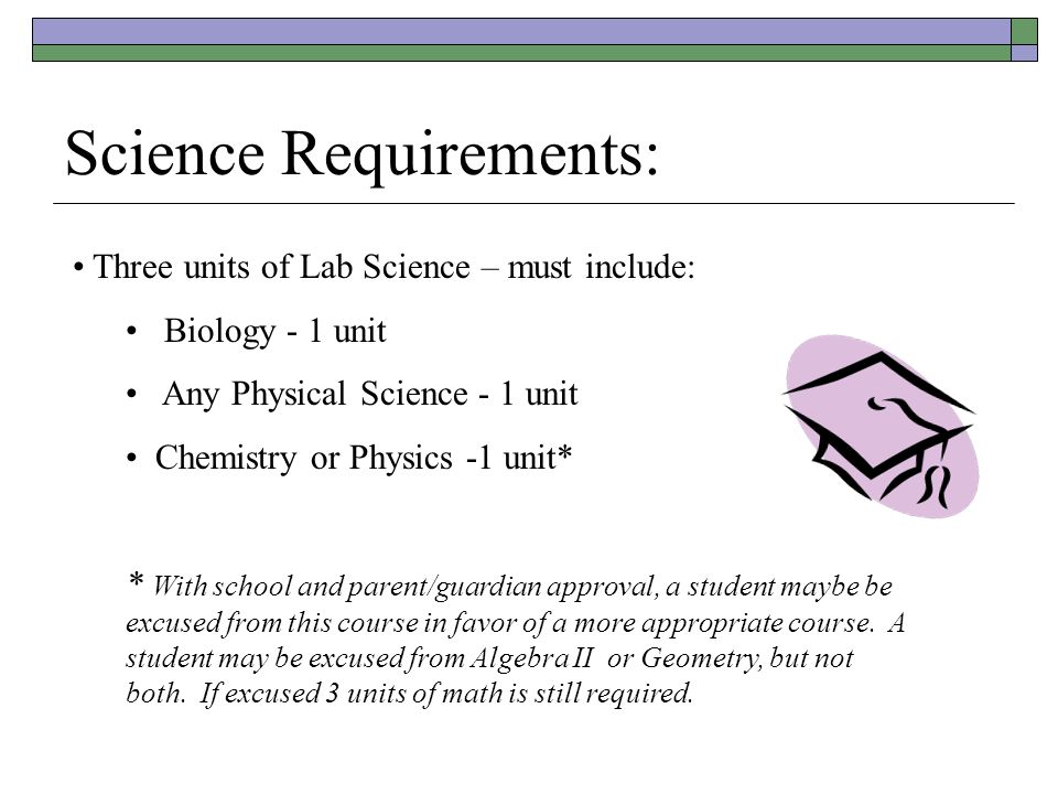 Science Requirements: Three units of Lab Science – must include: Biology - 1 unit Any Physical Science - 1 unit Chemistry or Physics -1 unit* * With school and parent/guardian approval, a student maybe be excused from this course in favor of a more appropriate course.