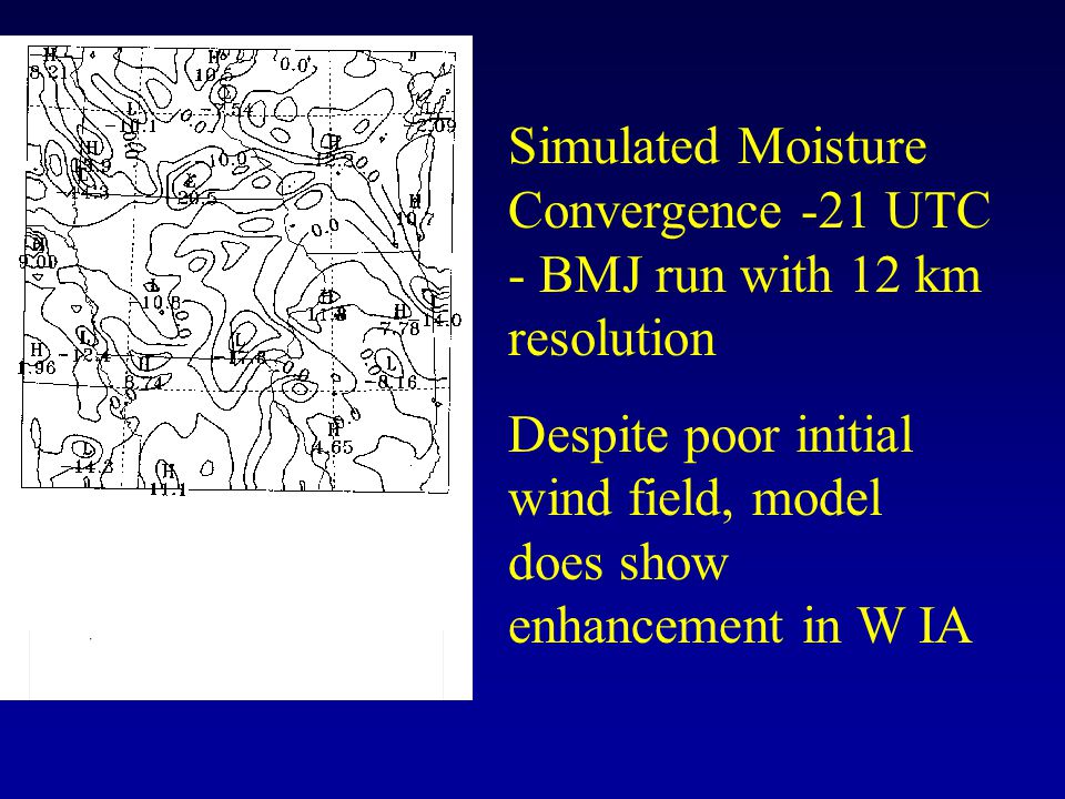 Simulated Moisture Convergence -21 UTC - BMJ run with 12 km resolution Despite poor initial wind field, model does show enhancement in W IA
