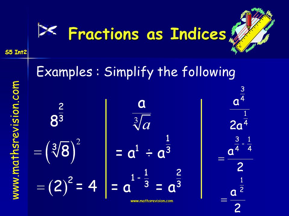Fractions as Indices Examples : Simplify the following S5 Int2