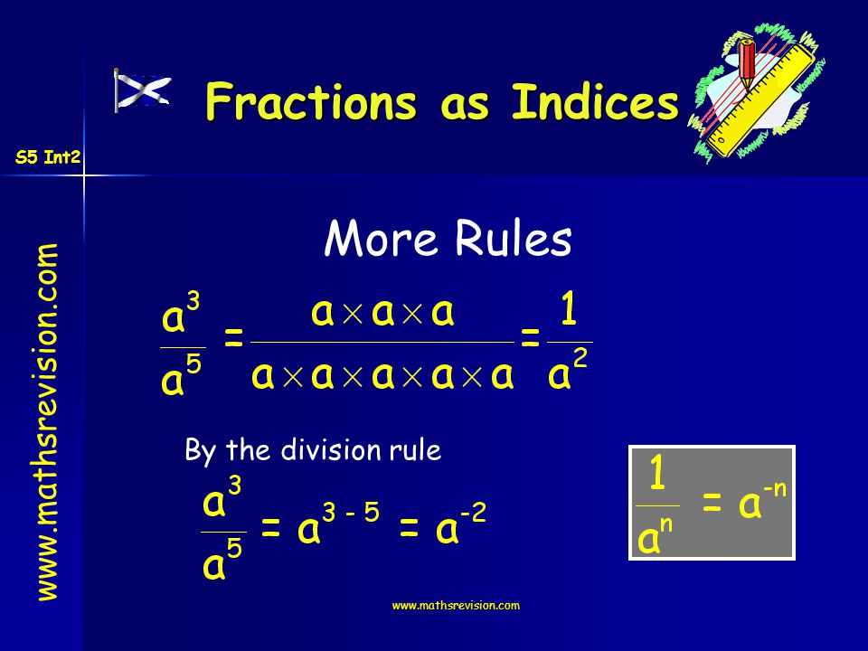 More Rules By the division rule Fractions as Indices S5 Int2