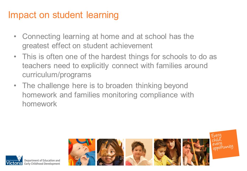 Impact on student learning Connecting learning at home and at school has the greatest effect on student achievement This is often one of the hardest things for schools to do as teachers need to explicitly connect with families around curriculum/programs The challenge here is to broaden thinking beyond homework and families monitoring compliance with homework