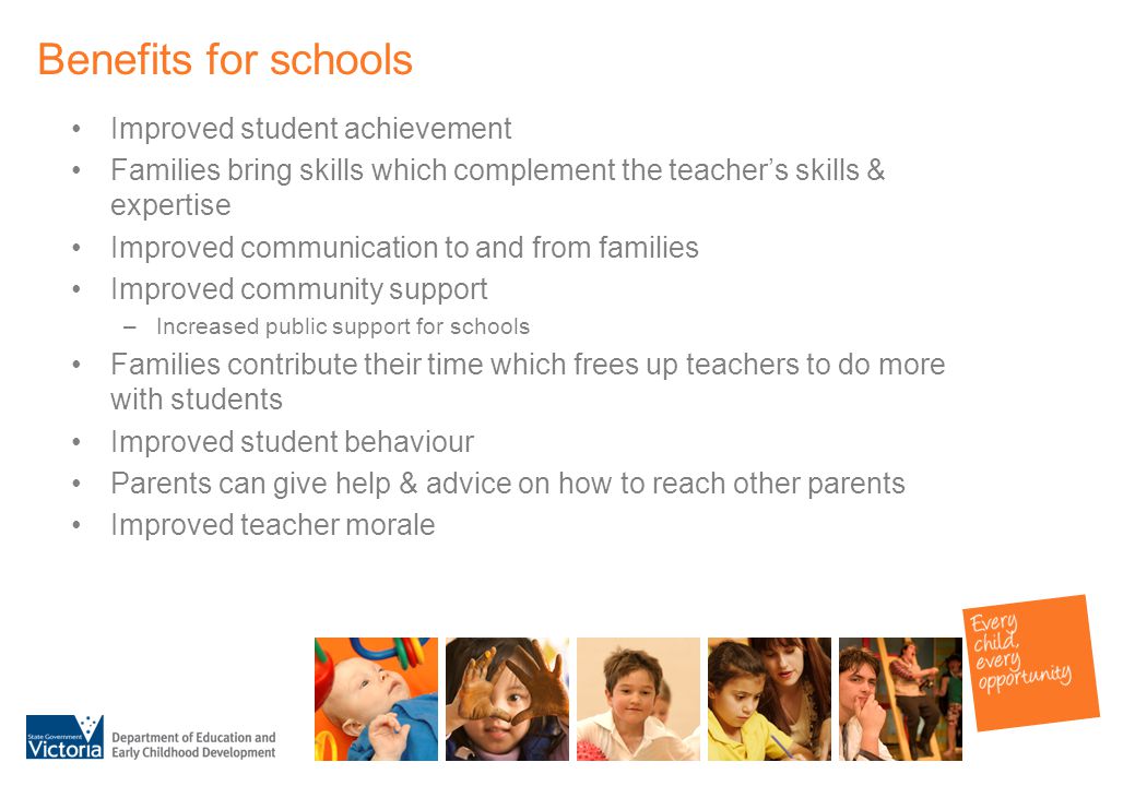 Benefits for schools Improved student achievement Families bring skills which complement the teacher’s skills & expertise Improved communication to and from families Improved community support –Increased public support for schools Families contribute their time which frees up teachers to do more with students Improved student behaviour Parents can give help & advice on how to reach other parents Improved teacher morale