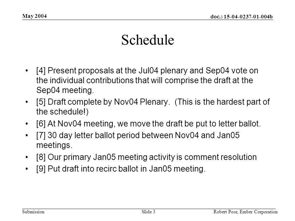 doc.: b Submission May 2004 Robert Poor, Ember CorporationSlide 3 Schedule [4] Present proposals at the Jul04 plenary and Sep04 vote on the individual contributions that will comprise the draft at the Sep04 meeting.