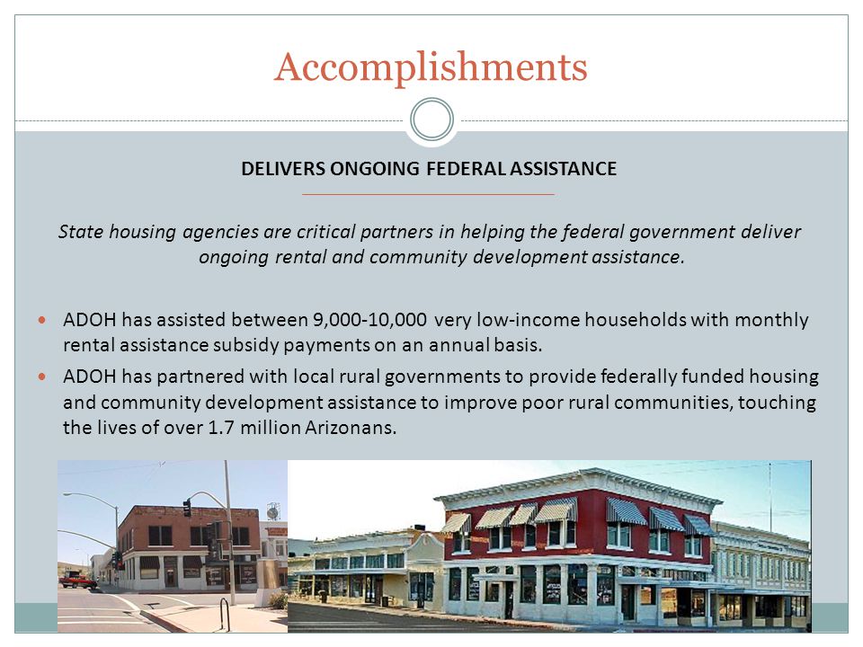 Accomplishments DELIVERS ONGOING FEDERAL ASSISTANCE State housing agencies are critical partners in helping the federal government deliver ongoing rental and community development assistance.