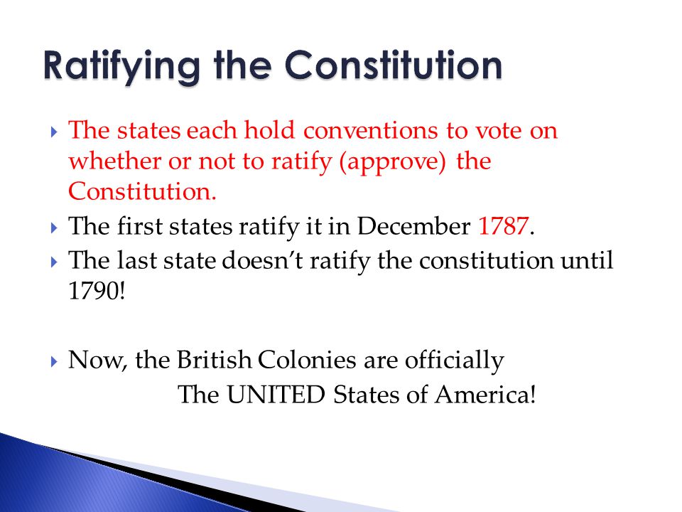  The states each hold conventions to vote on whether or not to ratify (approve) the Constitution.