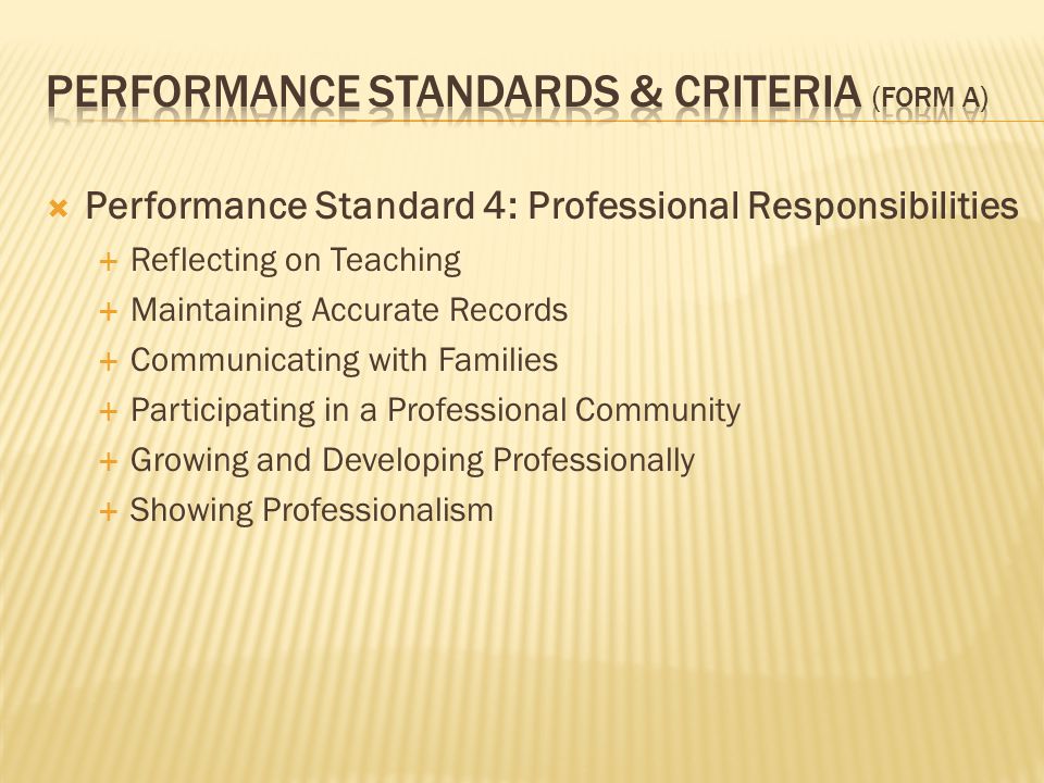  Performance Standard 4: Professional Responsibilities  Reflecting on Teaching  Maintaining Accurate Records  Communicating with Families  Participating in a Professional Community  Growing and Developing Professionally  Showing Professionalism