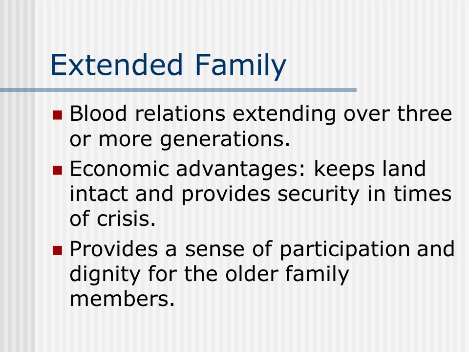 Extended Family Blood relations extending over three or more generations.