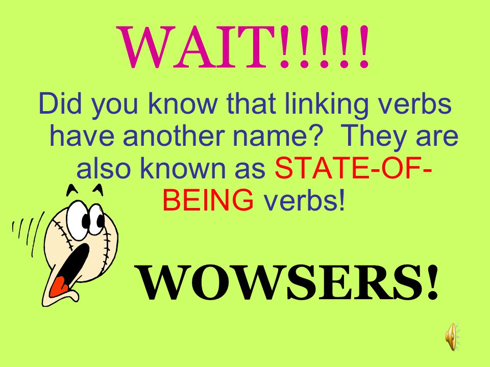 LINKING VERBS The job: A linking verb links the subject to a word that either describes the subject or gives the subject another name.