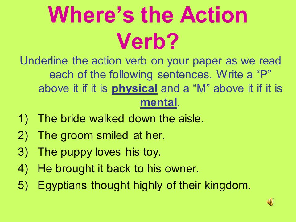 ACTION VERBS What They Do An action verb expresses an action and tells what the subject does.
