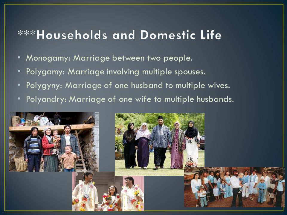 Monogamy: Marriage between two people. Polygamy: Marriage involving multiple spouses.