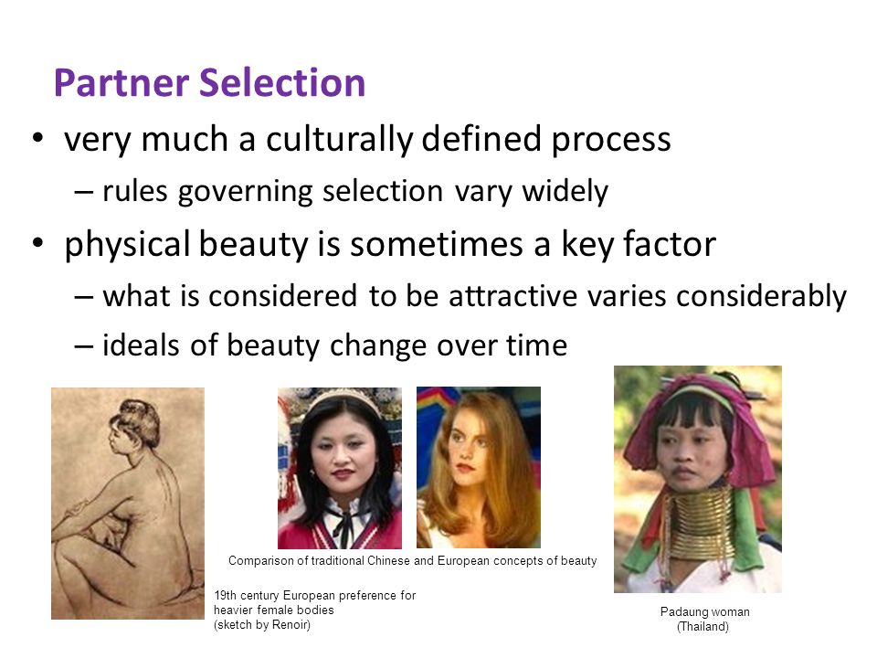 Partner Selection very much a culturally defined process – rules governing selection vary widely physical beauty is sometimes a key factor – what is considered to be attractive varies considerably – ideals of beauty change over time Padaung woman (Thailand) 19th century European preference for heavier female bodies (sketch by Renoir) Comparison of traditional Chinese and European concepts of beauty