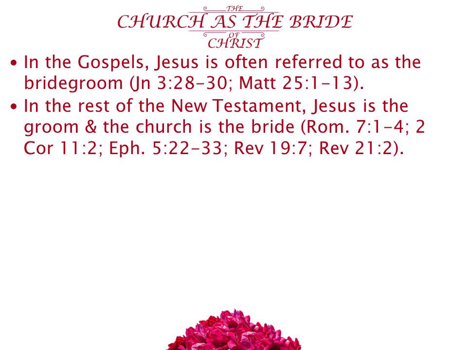In the Gospels, Jesus is often referred to as the bridegroom (Jn 3:28-30; Matt 25:1-13).