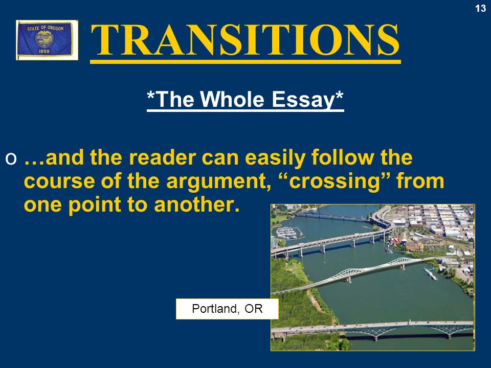 13 TRANSITIONS *The Whole Essay* o…and the reader can easily follow the course of the argument, crossing from one point to another.