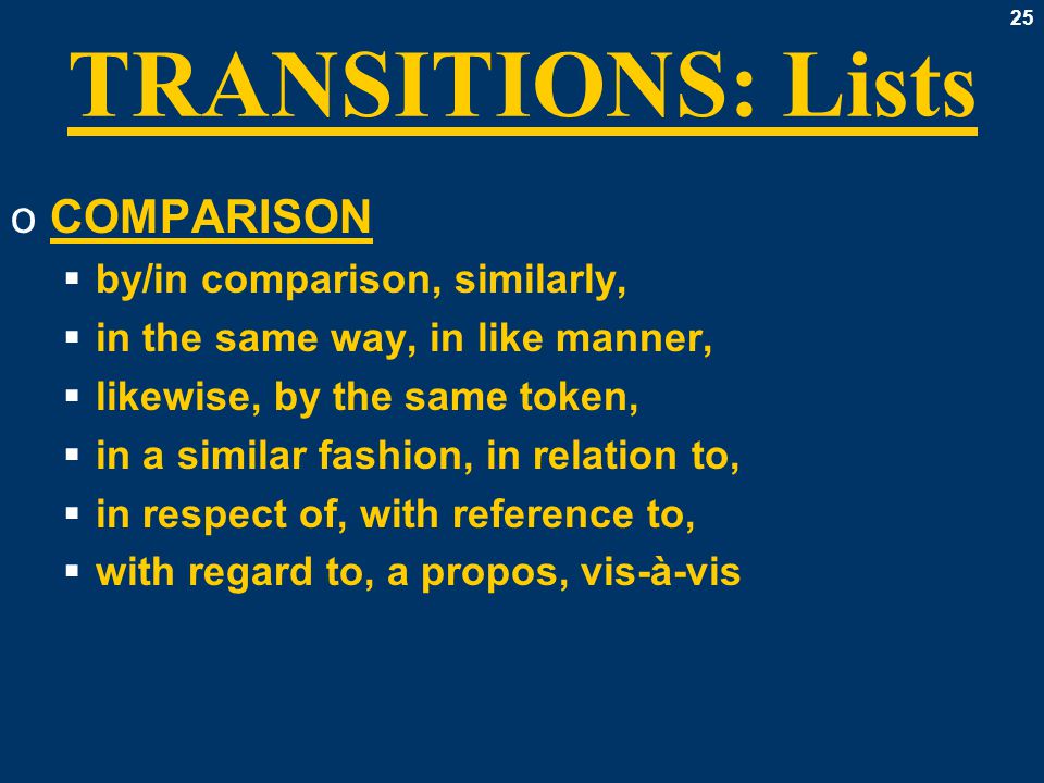 25 TRANSITIONS: Lists oCOMPARISON  by/in comparison, similarly,  in the same way, in like manner,  likewise, by the same token,  in a similar fashion, in relation to,  in respect of, with reference to,  with regard to, a propos, vis-à-vis