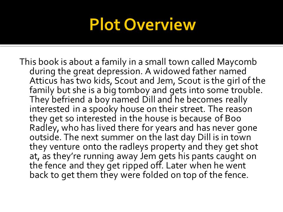 This book is about a family in a small town called Maycomb during the great depression.