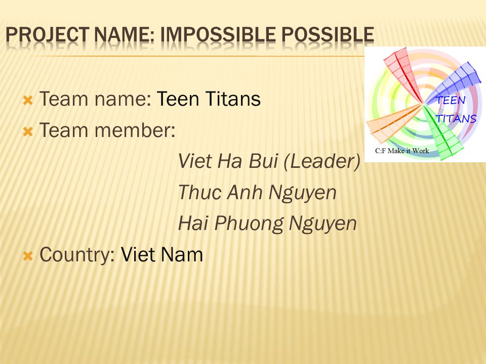  Team name: Teen Titans  Team member: Viet Ha Bui (Leader) Thuc Anh Nguyen Hai Phuong Nguyen  Country: Viet Nam