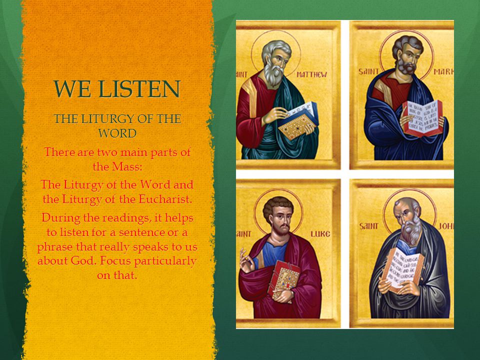 WE LISTEN THE LITURGY OF THE WORD There are two main parts of the Mass: The Liturgy of the Word and the Liturgy of the Eucharist.