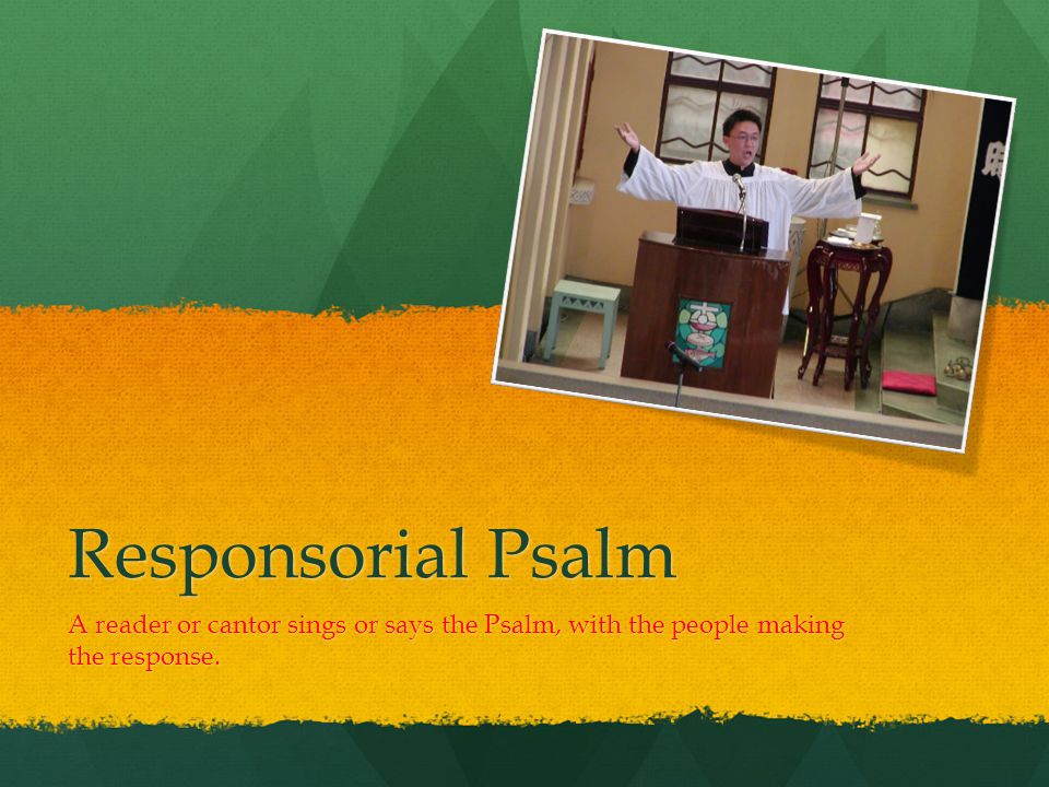Responsorial Psalm A reader or cantor sings or says the Psalm, with the people making the response.
