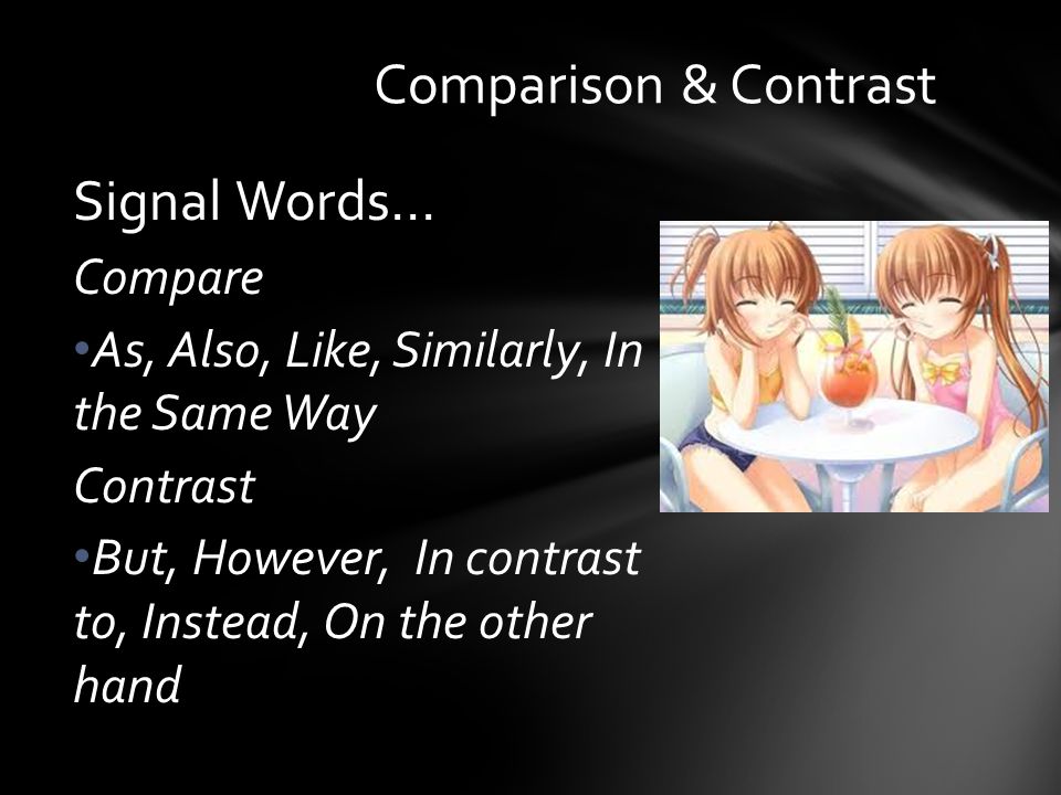 Signal Words… Compare As, Also, Like, Similarly, In the Same Way Contrast But, However, In contrast to, Instead, On the other hand Comparison & Contrast