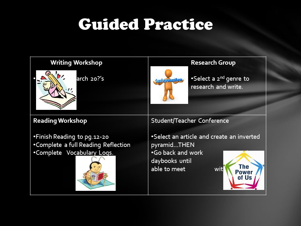 Guided Practice Writing Workshop Create 20 Research 20 ’s Research Group Select a 2 nd genre to research and write.