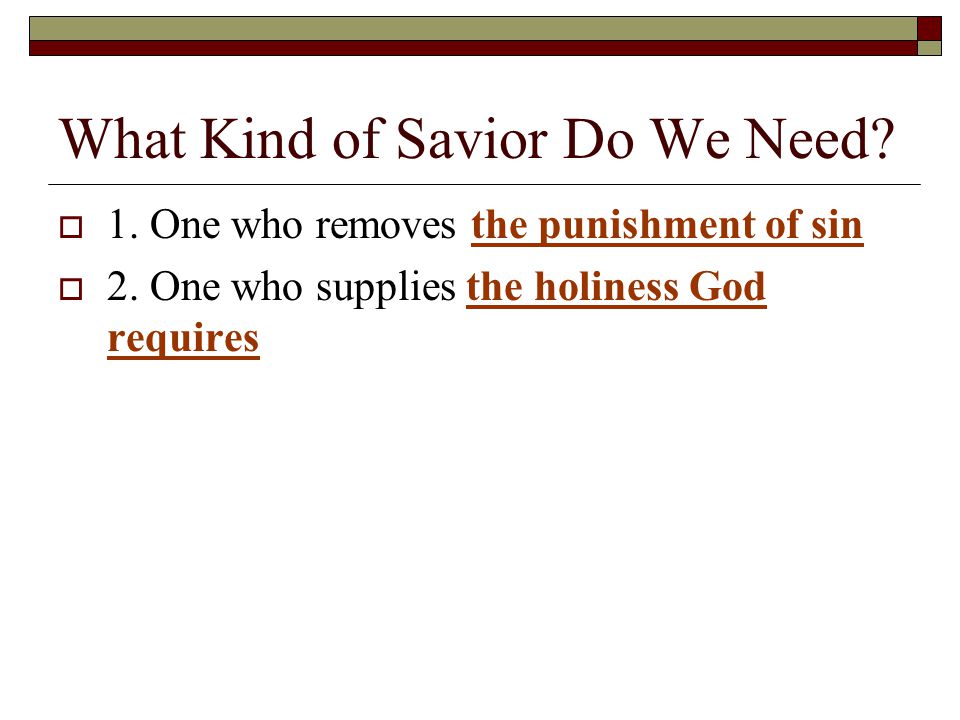 What Kind of Savior Do We Need.  1. One who removes the punishment of sin  2.