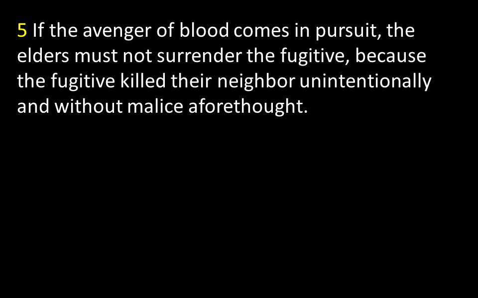 5 If the avenger of blood comes in pursuit, the elders must not surrender the fugitive, because the fugitive killed their neighbor unintentionally and without malice aforethought.
