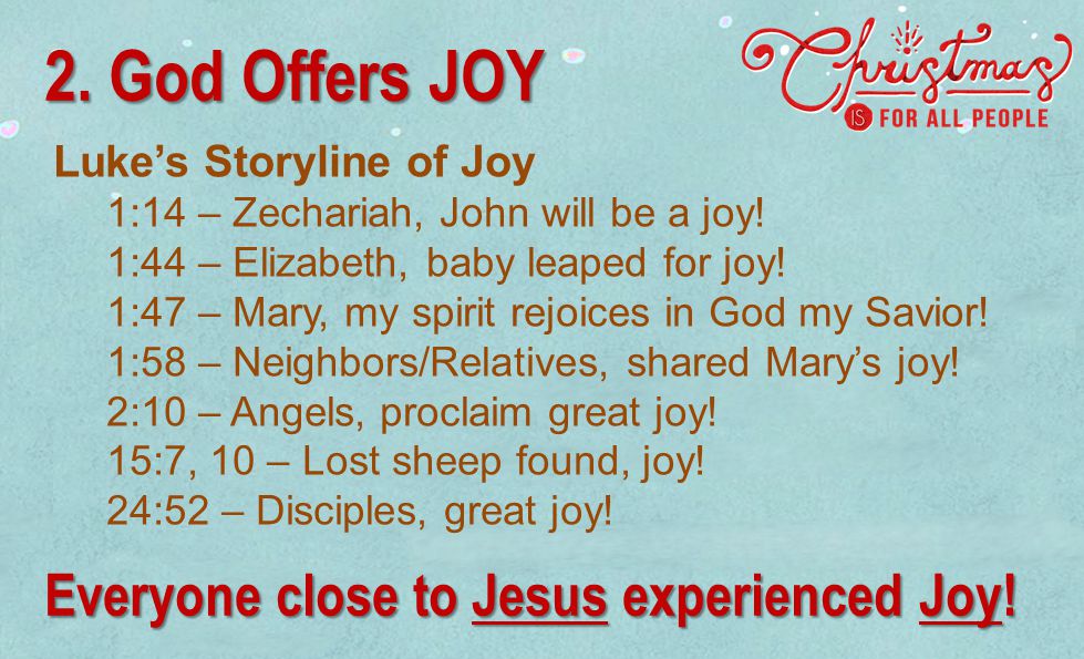 Luke’s Storyline of Joy 1:14 – Zechariah, John will be a joy.