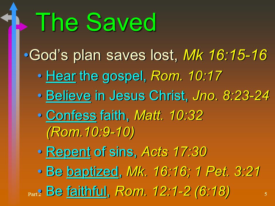 Part 2 5 The Saved God’s plan saves lost, Mk 16:15-16 Hear the gospel, Rom.