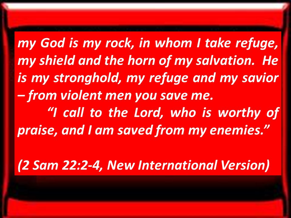 my God is my rock, in whom I take refuge, my shield and the horn of my salvation.
