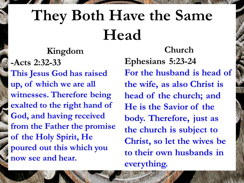 They Both Have the Same Head Kingdom -Acts 2:32-33 This Jesus God has raised up, of which we are all witnesses.