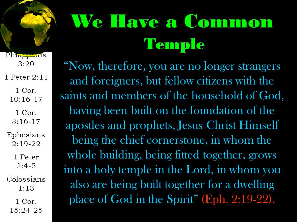 Now, therefore, you are no longer strangers and foreigners, but fellow citizens with the saints and members of the household of God, having been built on the foundation of the apostles and prophets, Jesus Christ Himself being the chief cornerstone, in whom the whole building, being fitted together, grows into a holy temple in the Lord, in whom you also are being built together for a dwelling place of God in the Spirit (Eph.