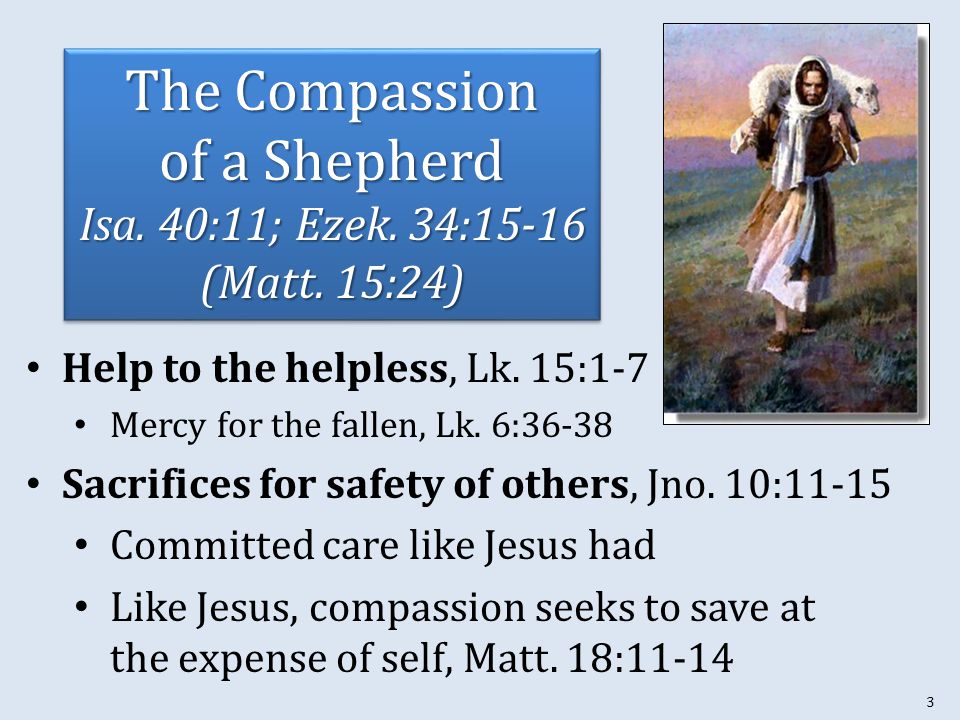 3 The Compassion of a Shepherd Isa. 40:11; Ezek. 34:15-16 (Matt.