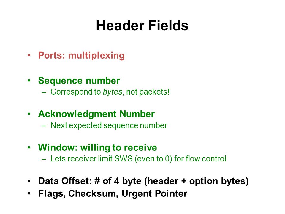 Header Fields Ports: multiplexing Sequence number –Correspond to bytes, not packets.