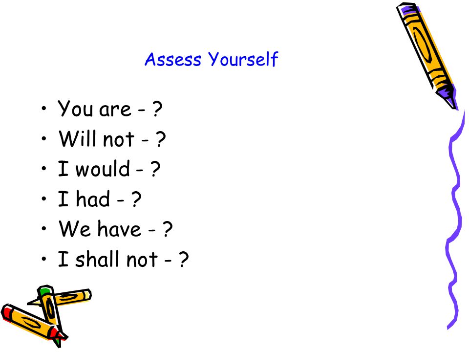 Assess Yourself You are - Will not - I would - I had - We have - I shall not -